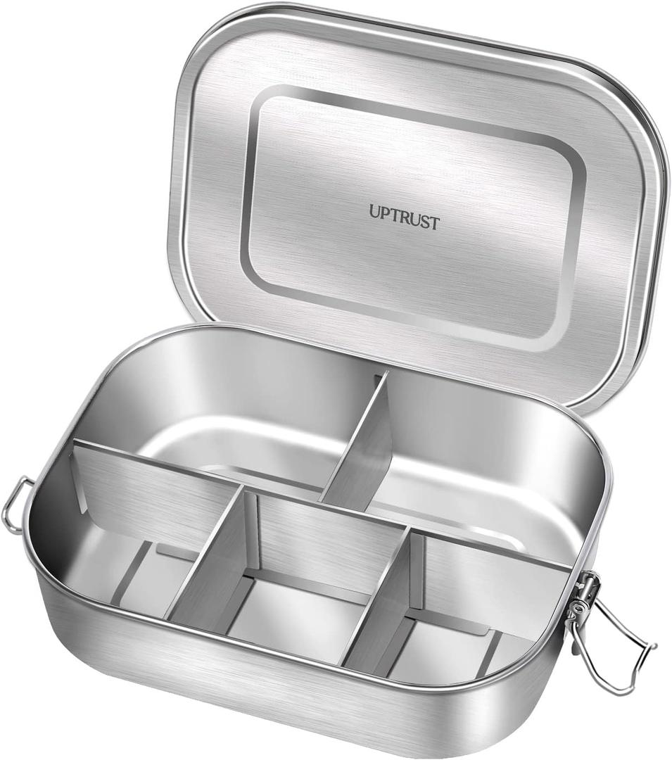 UPTRUST Stainless Steel Bento Lunch Food Box Container, 5-Compartment Large 1400ML Metal Bento Lunch Box Container for Kids or Adults with Lockable Clips to Leak Proof