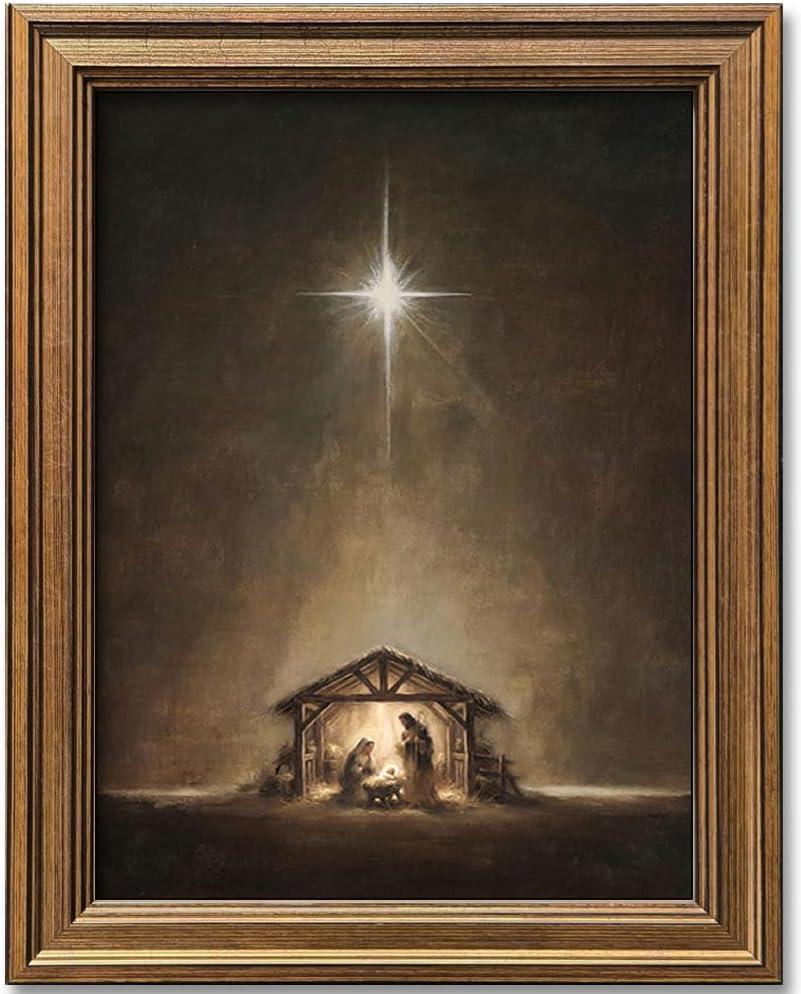 2 x Wemandh Gold Framed Vintage Nativity Wall Art - Star of Bethlehem Holy Night Jesus Birth Oil Painting Print, Rustic Wall Decor, Traditional Religious Christian Picture for Shelf, Mantle & Christmas Decor (Framed, 9.5" x 12")