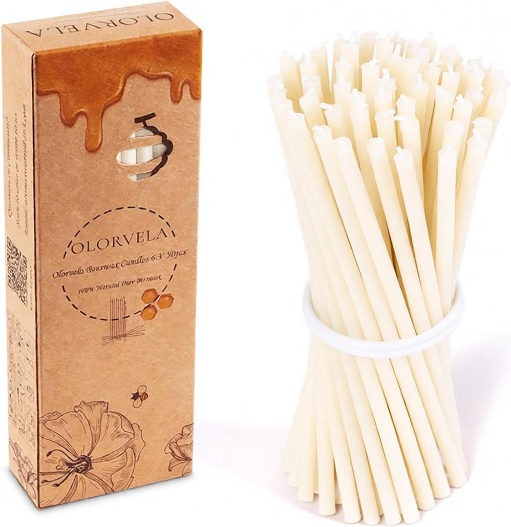 Pure Beeswax Candles, 7.3" Decorative Thin Taper Candles,Honey Scented, Dripless, Smokeless, 40min Burn Time for Birthday, Dinner, Prayer, Church, Hanukkah, Christmas (White, 50 pcs)