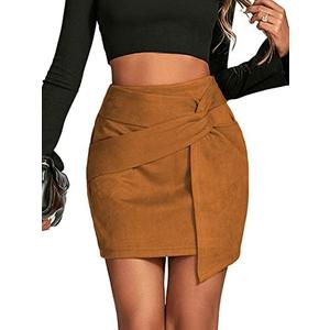 LYANER Women's Faux Suede Solid High Waist Twist-Front Zipper Mini A-Line Short Skirt Light Brown S