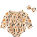 SAYOO Baby Girl Halloween Christmas Romper Cotton Linen Pumpkin Smocked Bubble Romper Bodysuit Off Shoulder Jumpsuit Outfit, 0-3M