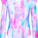 Long Sleeve Leotards for Girls with Ruffle 4D Stretch Ballet Dance Gymnastics Tumbling Wear Size (Pink Blue Scrawl), 3-4T