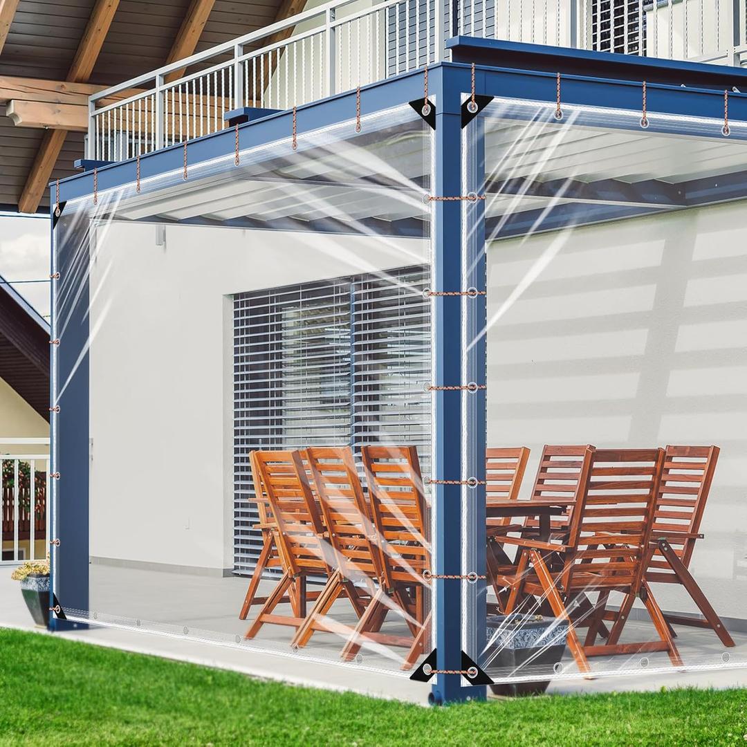 Clear Tarps Heavy Duty Waterproof 10x10 Ft, 20Mil PVC Transparent Vinyl Tarpaulin for Home, Clear Tarps with Grommets for Patio, Outdoor Porches, Pavilion Rain Shield, Winter Rainproof Canopy Fabric