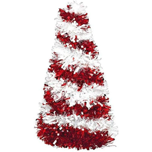 Amscan Elegant Red & White Small Candy Cane Tinsel Tree Centerpiece - 10" (1 Pc.) | Festive Tabletop Display, Sliver Star Eye-Catching Addition to Celebrations