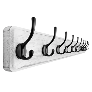 Dseap Coat Rack Wall Mount: 38-1/4" Long, Patented, Heavy-Duty, 10-Double-Hooks Wooden Hanger Rail for Winter Coats Hat Jacket Clothing, White & Black