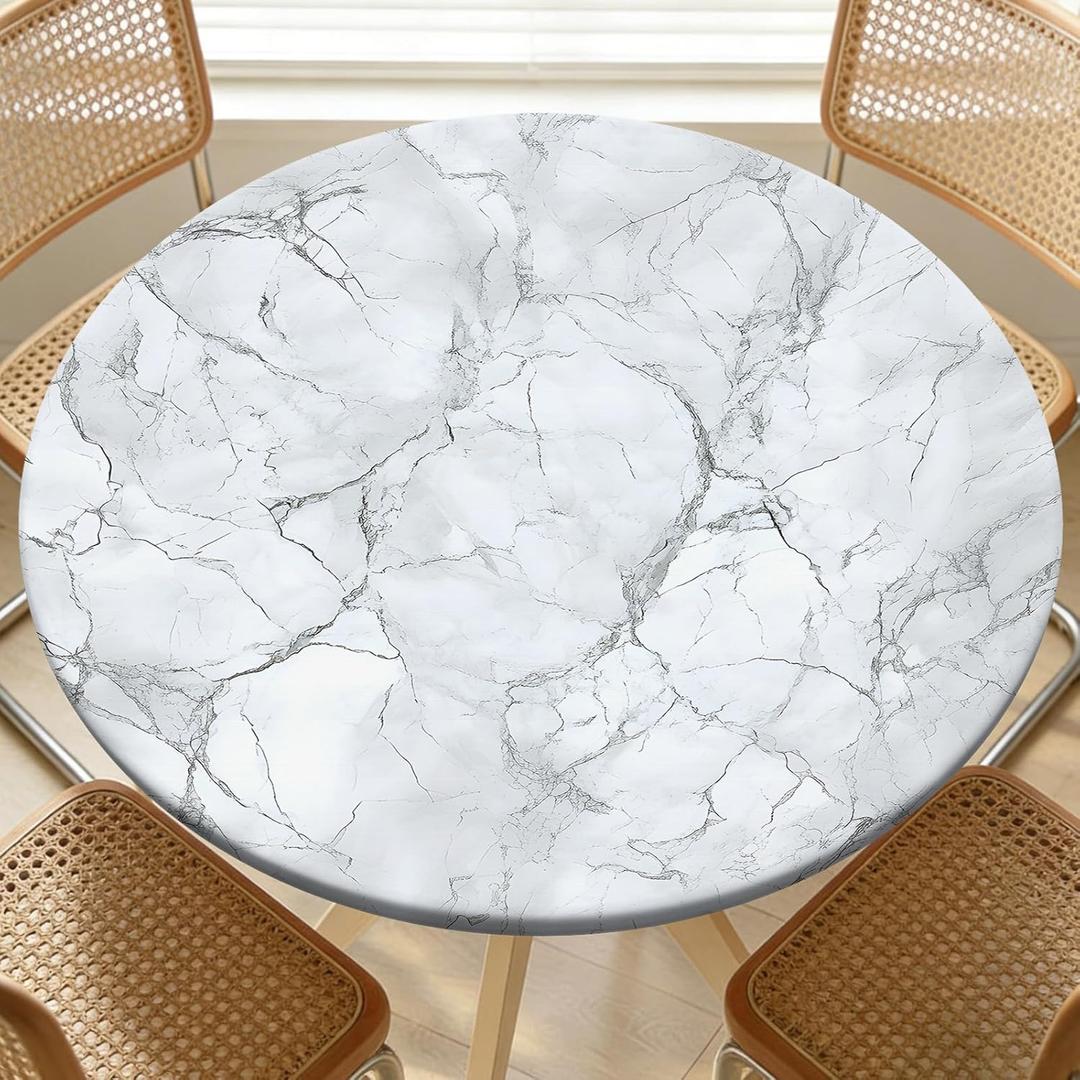 Round Fitted Table Cover with Elastic Edge Design Table Cloth Waterproof Stain-Resistant Wipeable Outdoor Tablecloths Fits 31"-35" Round Tables for Camping, Picnic, Dining, Indoor (Marble)
