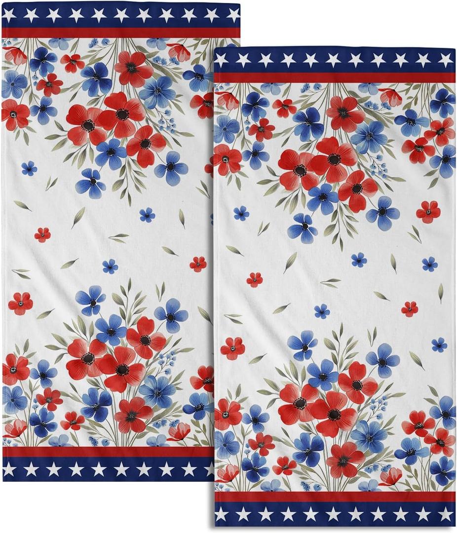 4th of July Poppy Flowers Hand Towels for Bathroom Set of 2 Patriotic Red Blue Floral Dish Towels for Kitchen Soft Absorbent Memorial Day Decorative Washcloths for Home Shower Hotel Gym 14"x28"