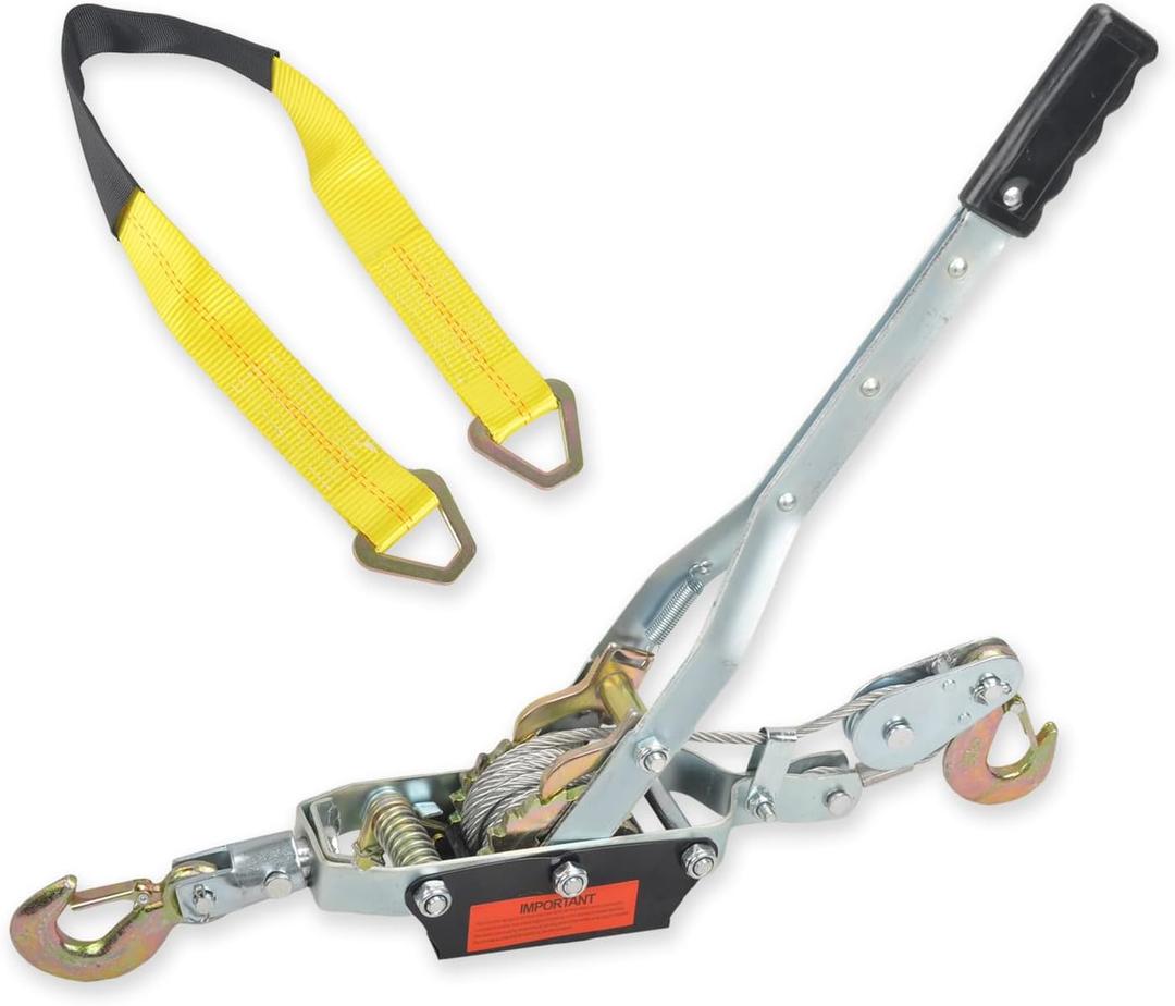 4 Ton Heavy Duty 2 Hook Steel Cable Dual Gear Power Puller Come Along Chain Winch Ratchet Tool & 2” x 36” Tie Down Strap with D Rings(3333 lbs)