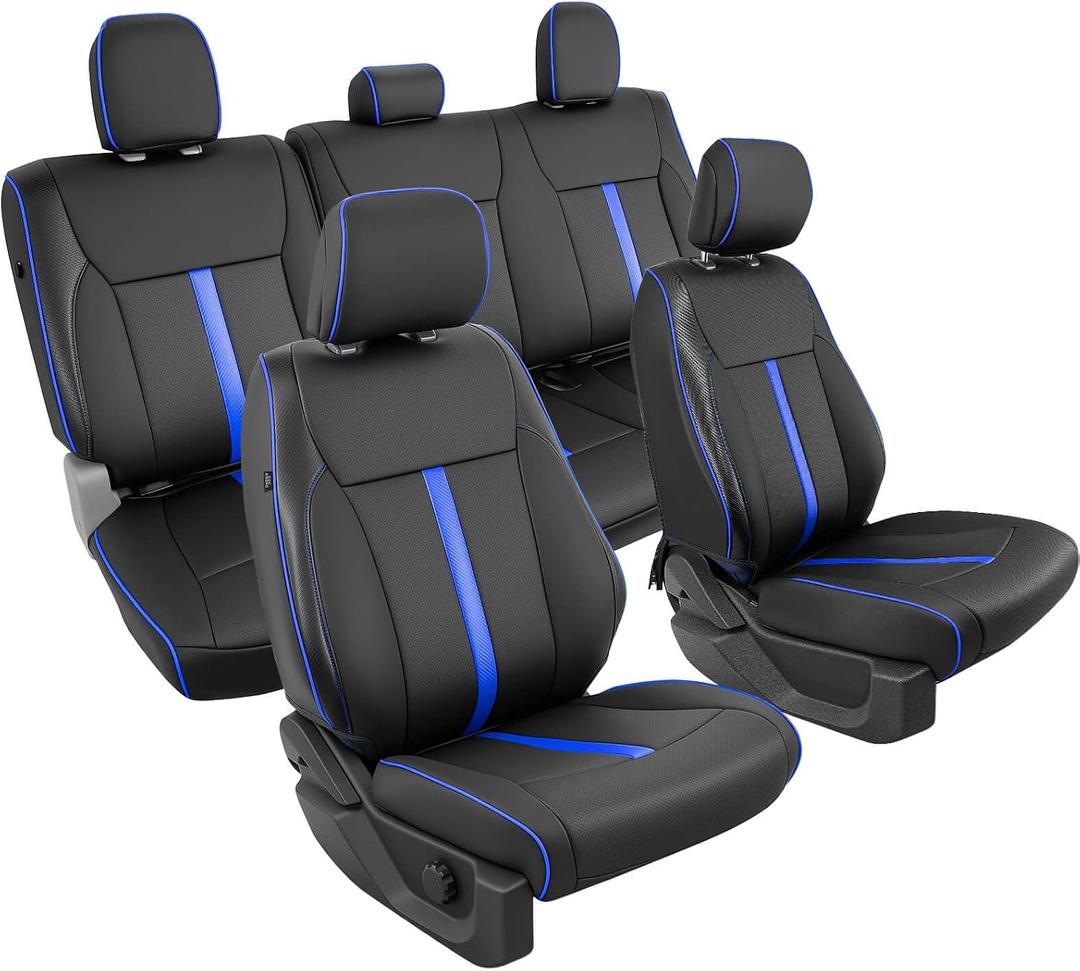 DiffCar for Ford F150 Seat Covers 2015-2023 2024 2025 2026, Black/Blue | Full Set Faux Nappa Leather, Fit Crew and SuperCrew Cab XL XLT, Custom Fit for Ford F-150 Accessories, Pickup Seat Protectors