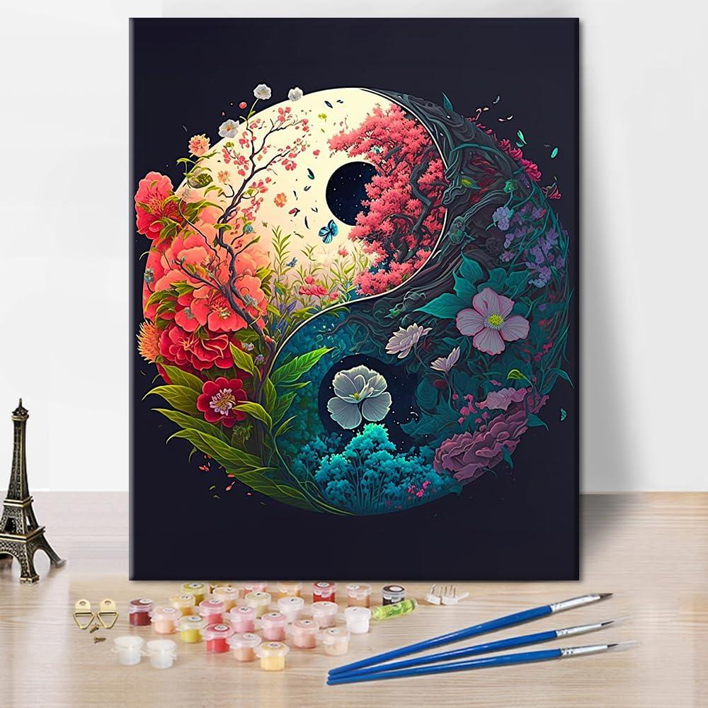 TUMOVO Paint by Numbers for Adults Beginner, Yin Yang Paint by Numbers Kits Romantic Beautiful Flowers Adult Paint by Number Acrylic Kids Paint by Number Kits Home Wall Decoration, 16 x20 Inch