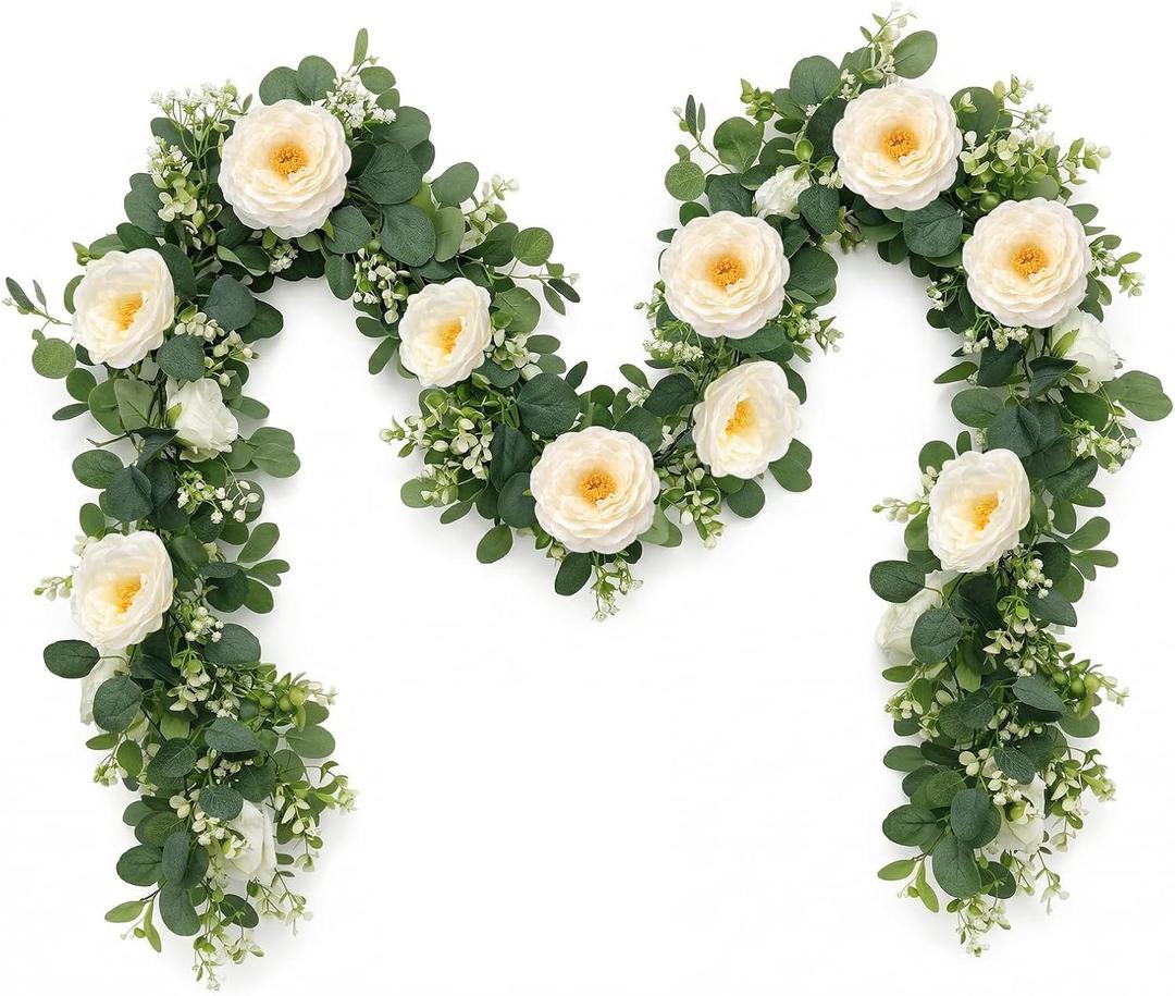 2Pcs 13Ft Artificial Eucalyptus Flower Garland with White Rose Flowers, Faux Floral Greenery Garlands Fake Flowers Vines for Wedding Centerpieces Arch Party Ceremony Backdrop Decor