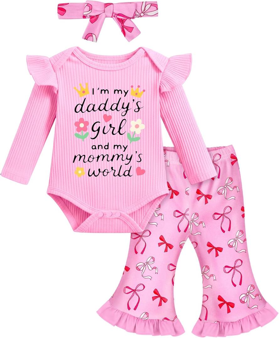 Newborn Baby Girl Bell Bottoms Outfits 3-6 Month Infant Baby Girl Clothes Sets Ruffle Romper + Cute Floral Pant + Headband Pink Bow