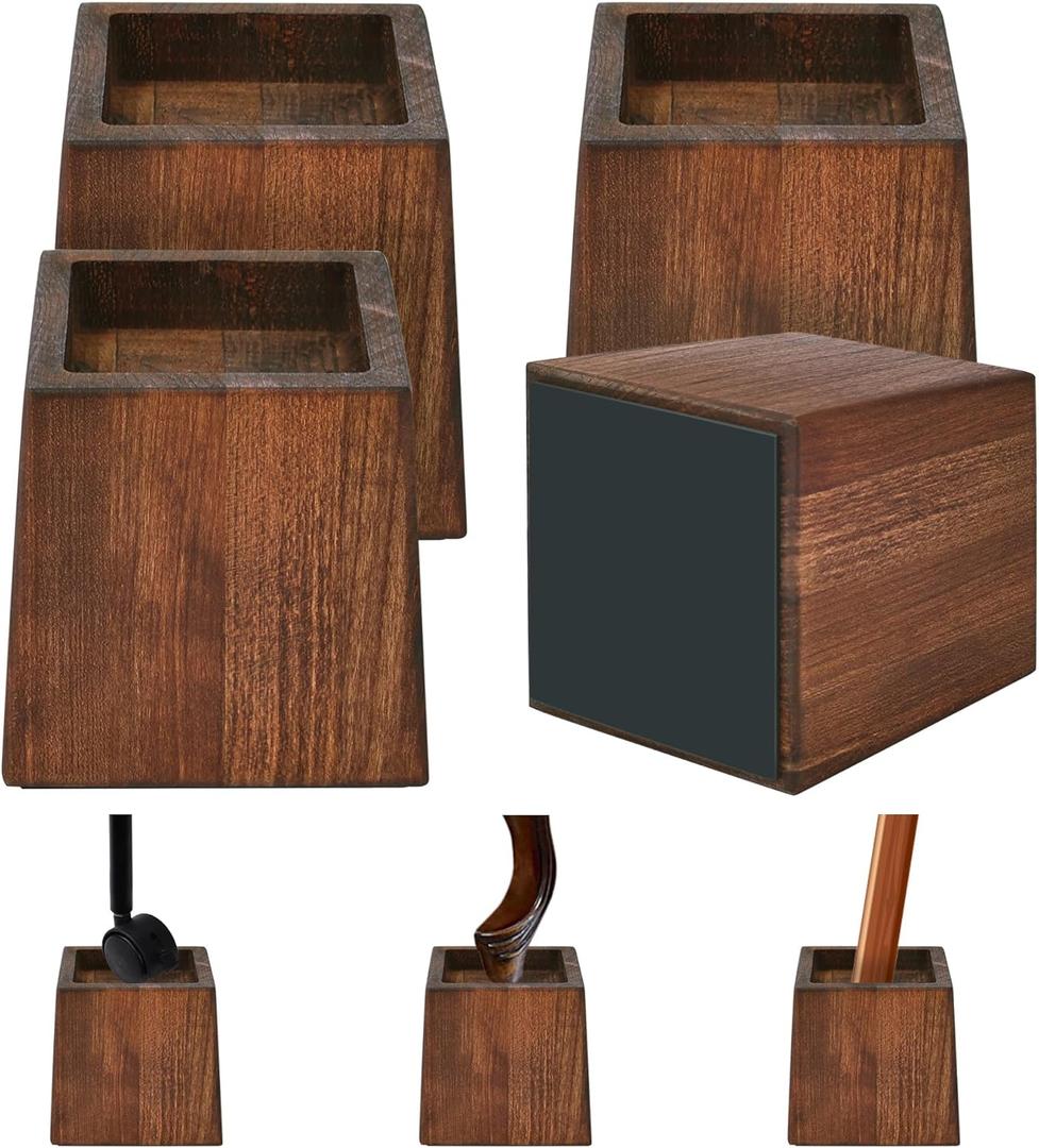 Wood Bed Risers Heavy Duty, Support Loading 2200lbs, 4 Pack Furniture Riser Leg Height Extenders Lifts for Dorm Sofa Couch Desk Chair Table, Retro Brown, 3.5" H(Inner 3" H)