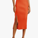 v28 Women Side Split Midi High Waisted Stretchy Ribbed Bodycon Casual Knit Pencil Skirt, S