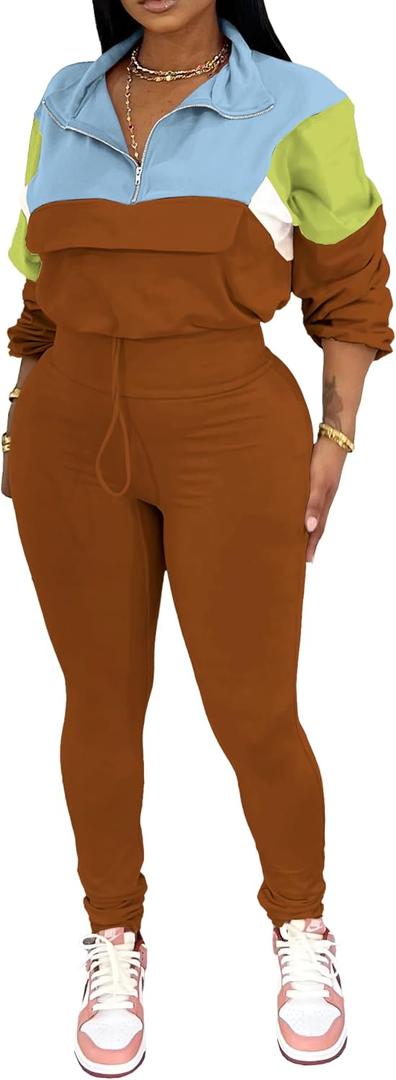 PINSV Women's 2 Piece Outfits Lapel Half Zip Long Sleeve Sweatshirts Sweatpants Tracksuit Casual Sweatsuits XL