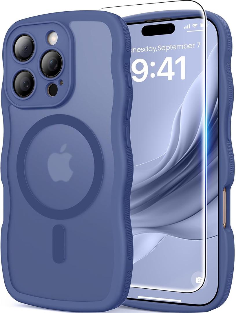 3 in 1 Magnetic for iPhone 16 Pro Max Case, 1X Screen Protector+1X Wrist Strap, Cute Wavy [Full Camera Protection] [Fit for MagSafe], Trendy Women Girls Case for iPhone 16 Pro Max 6.9", Deep Blue