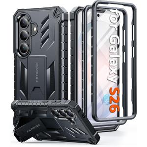 FNTCASE for Samsung Galaxy S26 Case: [Built-in Screen Protector & Kickstand] [2 Front Frames] [Military-Grade Drop Protection] Heavy Duty Shockproof Rugged TPU Case Full Body Protective Black