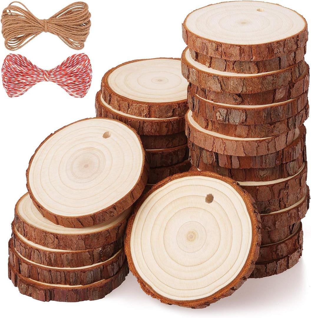 Fuyit Wood Slices 30 Pcs 2.0-2.4 Inches Craft Wood kit Unfinished Predrilled Tree Slices with Hole, Wooden Circles for Arts and Crafts Christmas Ornaments DIY Crafts