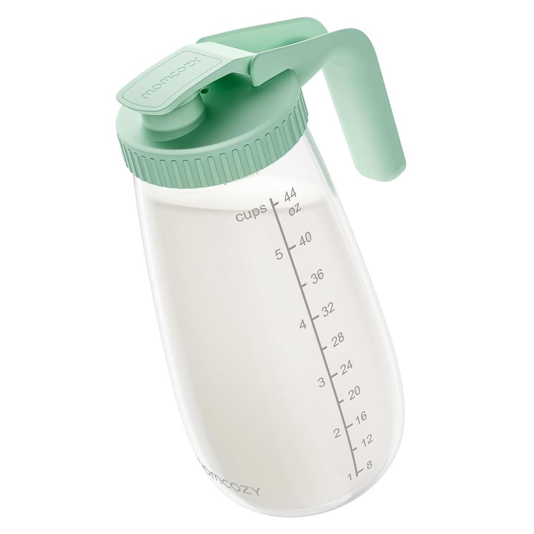 Momcozy Glass Breast Milk Pitcher, Formula Breastmilk Storage Container, Heat & Cold Resistant, No Leak Pitcher for Breastmilk with Wide Mouth, Fast Baby Formula Maker, 48OZ, 1 Count (Green)