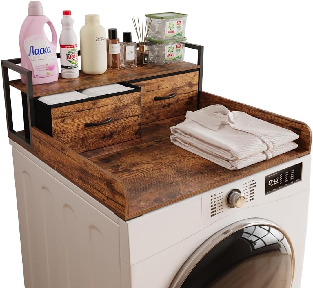 Unionly 2-Tier Washer Dryer Countertop single with shelf and fabirc drawer,laundry topper with Edge and Non-Slip Pad for Washer Dryer Laundry Hamper Counter Storage Organization (rustic brown, single), Twin