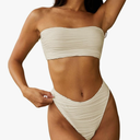 ZAFUL Women Strapless Textured Bandeau Bikini 2 Piece Swimwear Cheeky Solid Lace up Bathing Suits Size S
