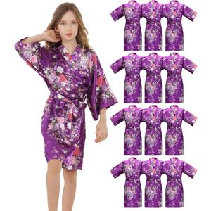 12 Piece Kids Silky Satin Robes Girls Spa Robes for Girls Party Floral Kimono for Wedding Birthday Slumber Spa Party (10, Purple)