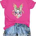 NQIQO Easter T Shirts for Women Easter Bunny Short Sleeve Shirt Pastel Bubble Gum Rabbit Tee Tops Rose Pink L (Pink, L)