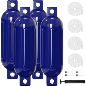 Boat Bumpers - 4 Pack 8.5" x 27" Boat Fenders for Docking, Inflatable Twin Eyes Ribbed Vinyl Boat Buoys Bumpers with Ropes and Air Pump, for Jon Boats, Pontoon Boats, Yachts, Fishing Boats (Navy Blue)