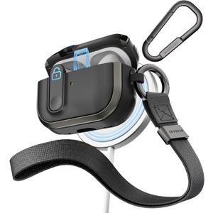MAGEASY Design for AirPods Pro 2 Case Cover - Rugged AirPods Pro Case with Lock | Work with Cable, Official Apple Watch & MagSafe Charging | Include Carabiner & Wrist Strap - Odyssey, Metal Black