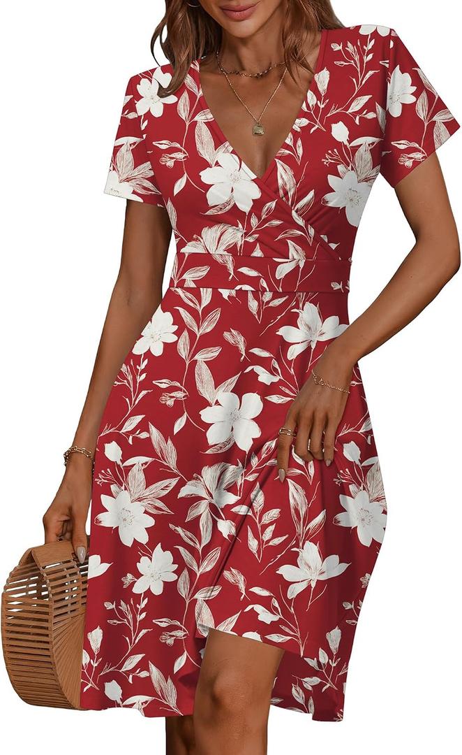 MSBASIC Womens Summer Wrap V Neck Casual Dresses Floral Short Sleeve A-Line Midi Sundress (Red, M)