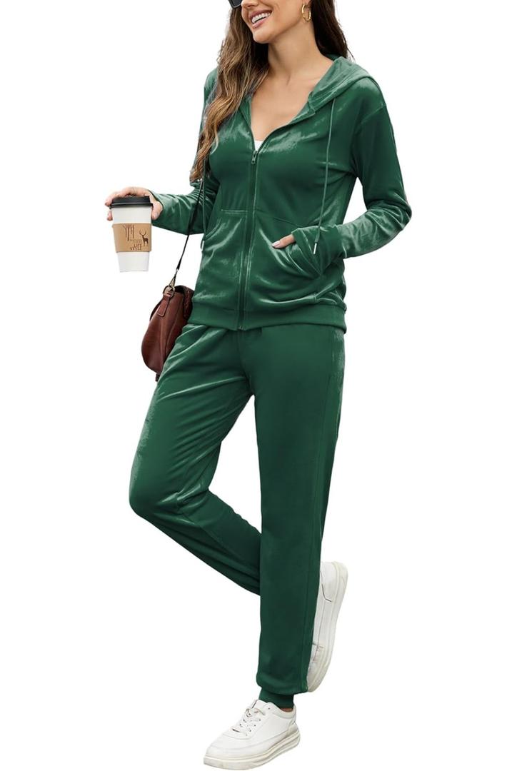 Velour Tracksuit Womens 2 Piece Outfits Velvet Sweatsuit Full Zip Up Hoodie Jacket Jogger Lounge Set size XL