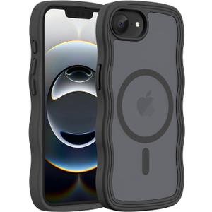 Hualele for iPhone 16e Case Cute for Women, Compatible with MagSafe, Military Grade Dropproof Translucent Matte Back Curly Wave Edge Slim Girly Phone Case 16e Case, Black