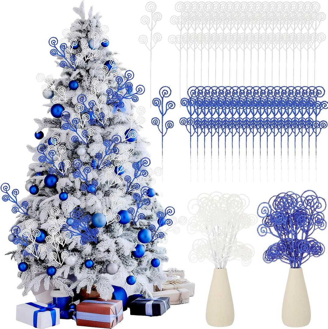 Riceshoot 50 Pcs Christmas Tree Picks and Sprays Artificial Glitter Stem Ornaments Curly Decorative Sticks for Vases Tall Candy Christmas Tree Twigs for Wedding Holiday Party Decoration(White,Blue)