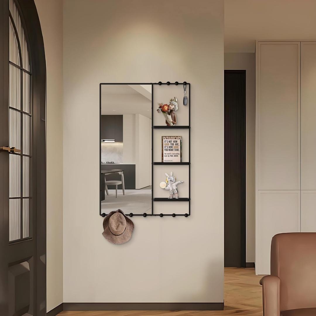 38" X 26" Black Wall Mounted Mirror for Wall, Full Length Mirror with Shelf and Hooks, Large Wall Mirror with 3 Trays and 11 Hooks for Living Room, Hallway, Bedroom