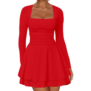Kaximil Women's Square Neck Ruffle Hem Mini Dress Ruched Waist Long Sleeve Corset Short Party Dresses M