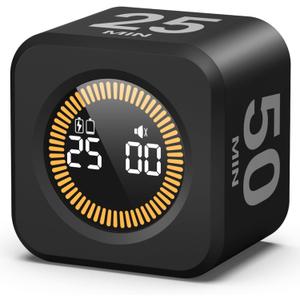 KADAMS Pomodoro Timer Visual - Productivity Pomodoro Cube, 5/10/25/50 Min Countdown & Countup, Silent  Ideal for Work Study Cook Workout Kitchen School Classroom Office ADHD Gift Kids (1, Black)