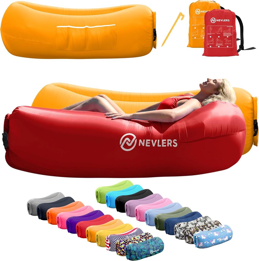 Nevlers Red & Saffron Inflatable Lounger 2 Pack | 210T Polyester Blow Up Chair | No-Pump Inflatable Couch Set | Air Couch w/ 450 lbs. Capacity, Pockets & Carry Bags for Use as Portable Beach Chair | 210T Polyester Blow Up Chair | No-Pump Air Couch w/ 450 lbs. Capacity, Pockets & Carry Bags For Use as Portable Beach Chair