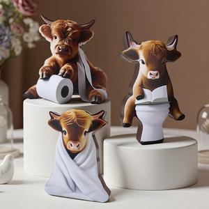 3 Pcs Highland Cow Funny Bathroom Decor Farmhouse Highland Cow Bath Decoration Rustic Western Cattle Table Wooden Signs for Restroom Bathroom Toilet Half Bath Shelf Counter Dcor