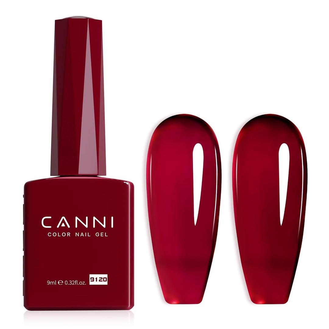 CANNI Dark Red Jelly Gel Nail Polish, 1Pcs Sheer Burgundy Red Gel Polish Deep Wine Color High Gloss Soak Off U V Nail Manicure Salon DIY