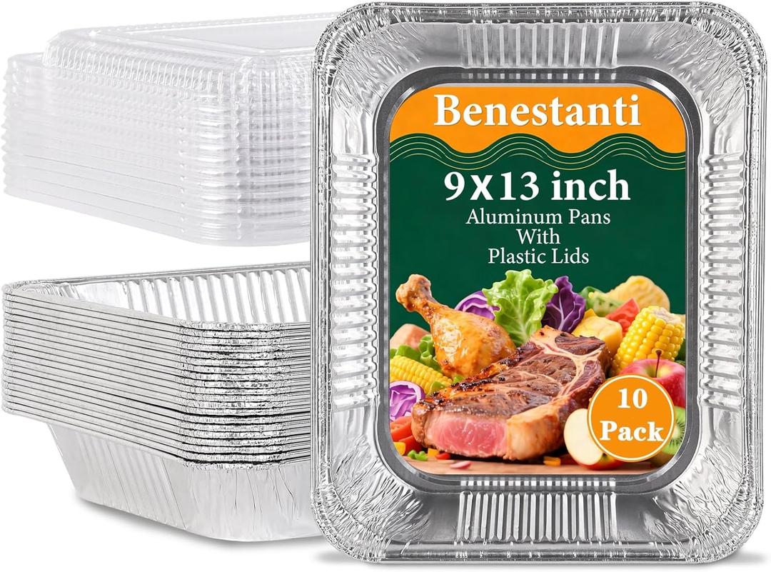9x13 Inch Disposable Aluminum Pans with Clear Lids(10 Pack)Half Size Tin Foil Pans with Lids,Food Containers Disposable Baking Pans For Cooking, Meal Prep, Roasting, Chafing, Steam Table, Storage