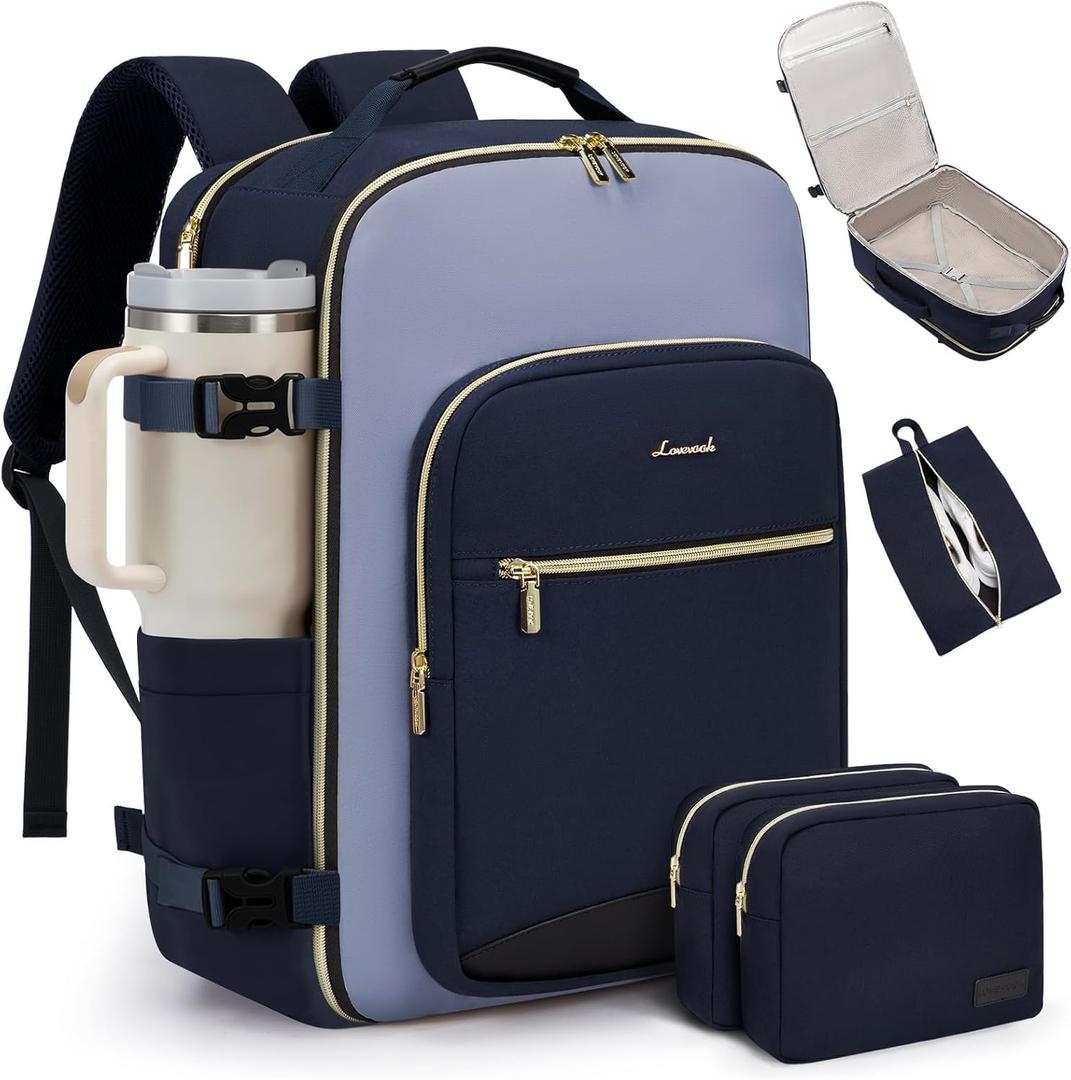 LOVEVOOK 40L Travel Backpack for Women & Men, Airline Approved Carry On Luggage with 3 Packing Cubes, TSA Overnight Bags, Waterproof Personal Item Bag, Weekender Essentials Backpacks fits 17" Laptop (Ink Blue-Grey Blue-Black)