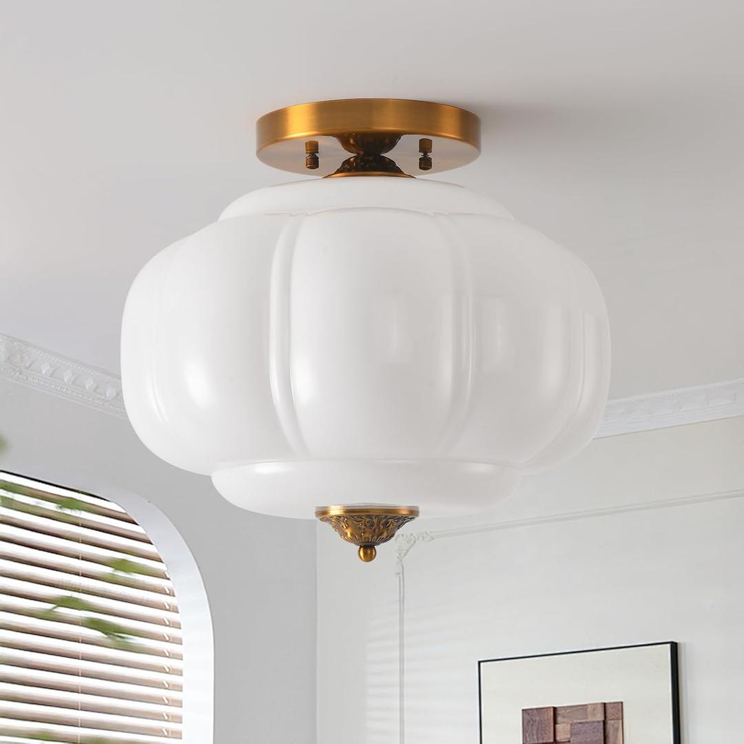 15in Milk Glass Light Fixture Semi Flush Mounted, Bulb Included