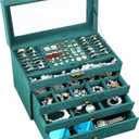 Large Jewelry Box for Women with Lock,4 Layer Glass Lid Jewelry Organizer with Drawers,Green Velvet Jewelry Storage Organizer Box for Bracelet Ring and Earring Jewelry Box with Sunglass Holder