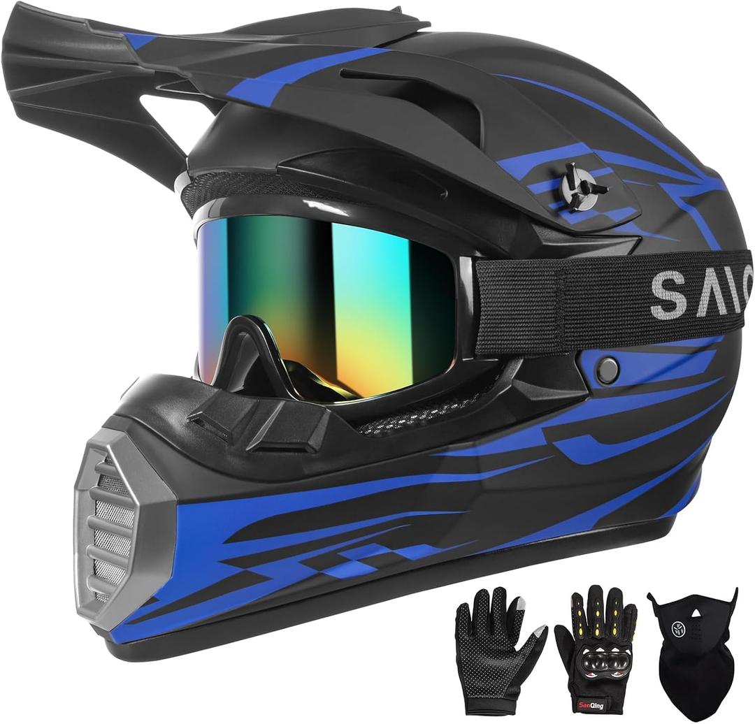 DOT Approved Youth Kids Motocross Helmet - Ultra-Lightweight Full Face Dirt Bike/ATV Helmet with Goggles, Gloves & Face Shield (4-Piece Set)