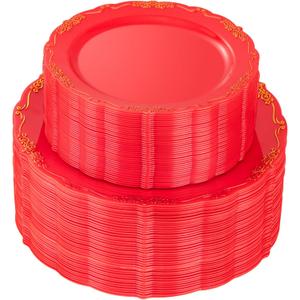 U-QE 100PCS Red Plastic Plates - Heavy Duty Red Disposable Plates Disposable with Gold Rim - Include 50PCS 10inch Dinner Plates and 50PCS 7.5inch Dessert/Salad Plates for Party