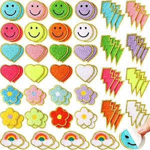 Hanaive Chenille Letter Patches Self Adhesive Iron on Patch 3D Cute Embroidered Rainbow Smile Face Heart Applique Sewing Badges Patch for Fabric Clothing Jacket DIY(Assorted Rainbow,Cute)