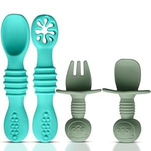 HippoBaby 4pc Silicone Self-feeding Baby Utensils 6-12 months, Toddler Cutlery Set, 3 Baby Spoons, 1 Baby Fork, Toddler Utensils, BPA Free Silicone, Dishwasher Safe, Baby Eating Essentials (Blue/ Green)