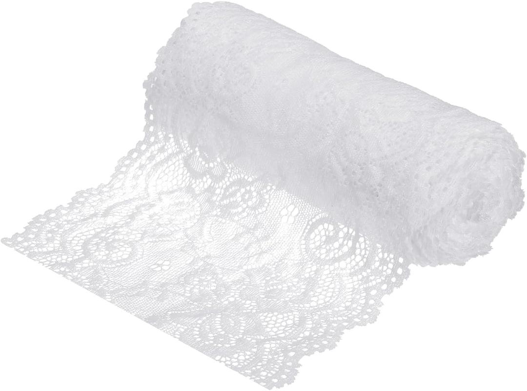 MECCANIXITY 6 Inch Wide 5 Yard Lace Ribbon Floral Pattern White Lace Trim Ribbon for Sewing Making, and DIY Crafts, Gift Wrapping, Bouquets, Wedding Decor