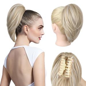 NTYNTY Ponytail Extension - 10" Short Claw Clip in Ponytail Hair Extensions Messy Bun Hair Piece Natural Soft Synthetic Straight Pony Tail Hair Pieces for Women - Ash Blonde with Highlights