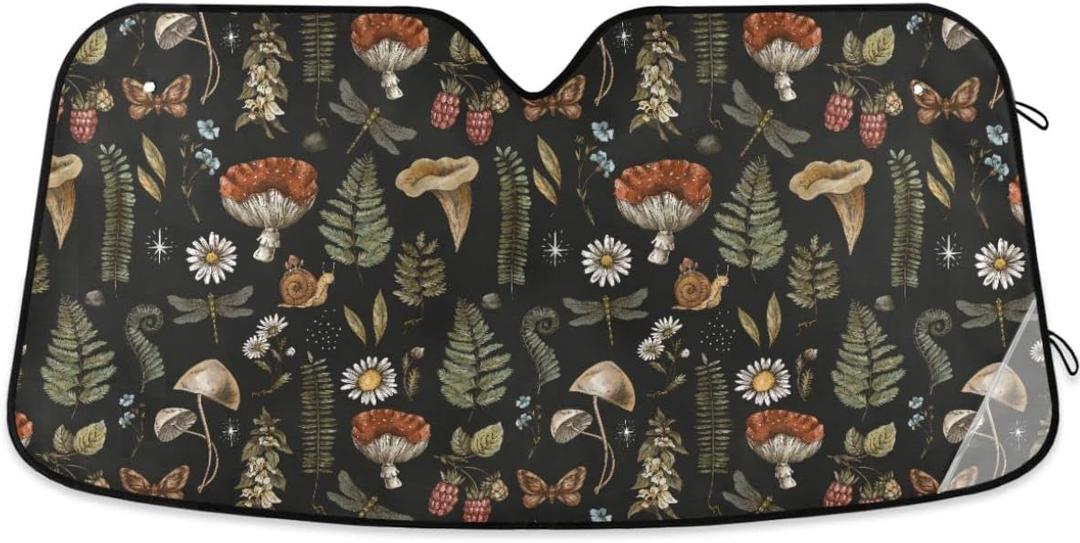 Mushroom Car Windshield Sun Shade Fern Forest Plants Botanical Car Sun Visor for UV Rays and Sun Heat Protection Vintage Woodland Nature Flowers Blocks Heat Foldable Summer Sun Shield 55x28 in